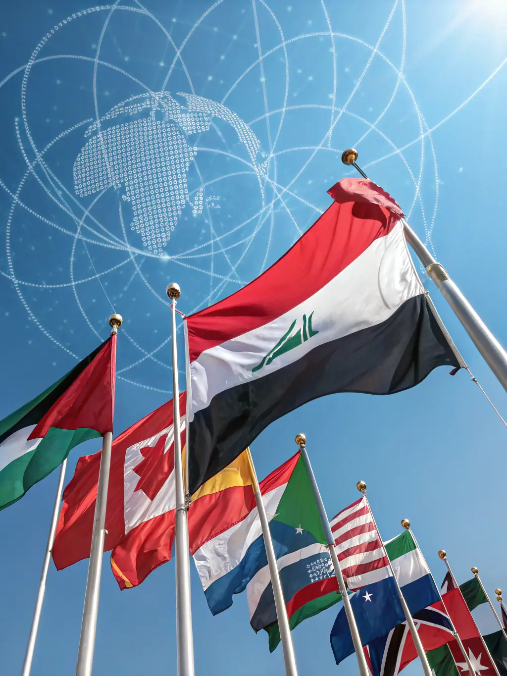 A visual representation of various national flags interconnected, illustrating Lekerta's ability to operate seamlessly across different countries and cultures.