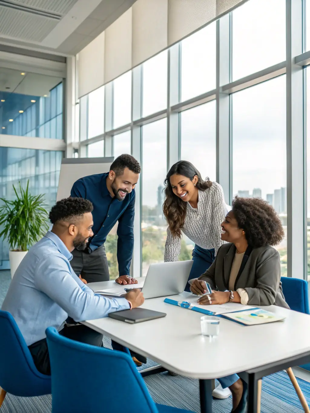 A photograph of a diverse team working collaboratively in a modern office, representing Lekerta's global reach and inclusive recruitment practices.
