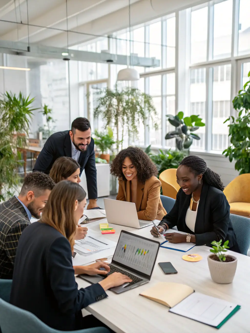 A professional photograph of a diverse team working collaboratively in a modern office setting, representing Lekerta's global reach and inclusive work environment.